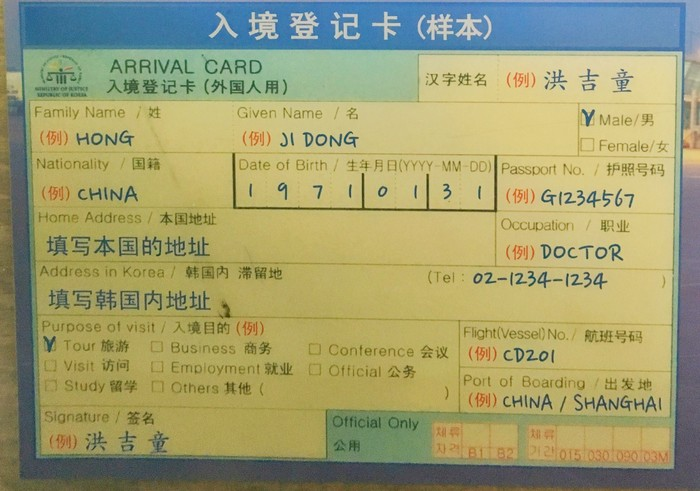 出入境流程 -- 韩国入境卡中文模版